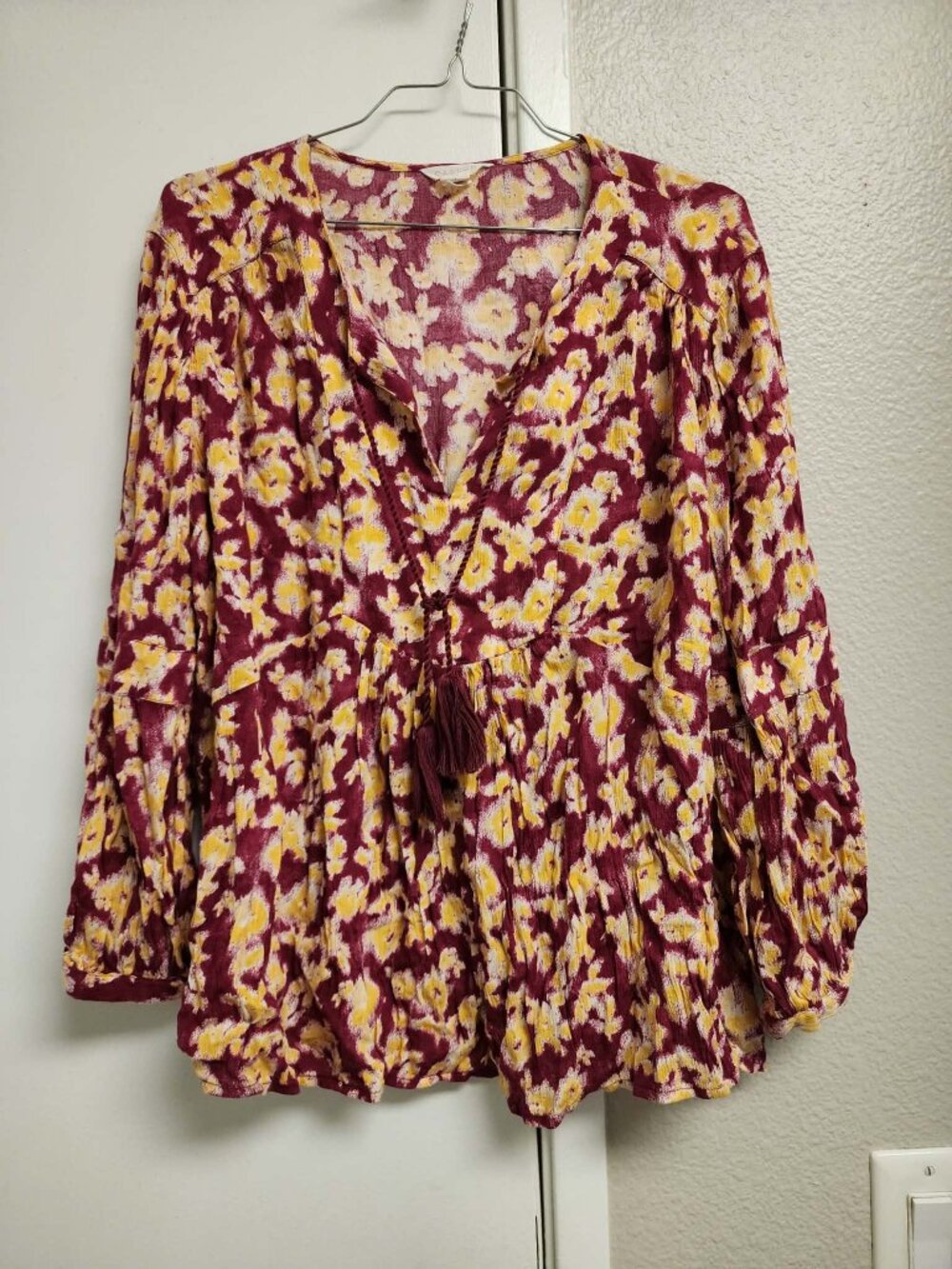 Caslon Burgundy & Yellow Floral Boho Blouse | Size L | Tassel Tie | Bell Sleeves